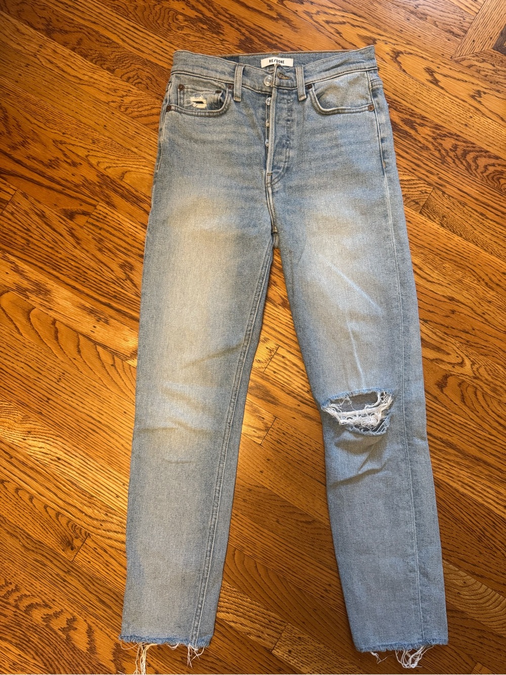 Re/Done Light Blue Distressed Straight-Leg Jeans